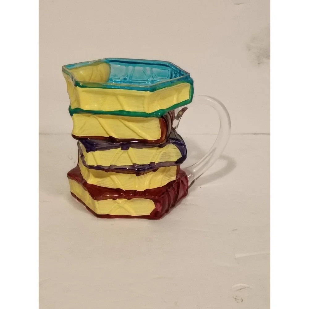 Hand Blown Studio Art Glass Stacked Book Lovers Coffee Mug Tea Cup Librarian - Picture 3 of 6
